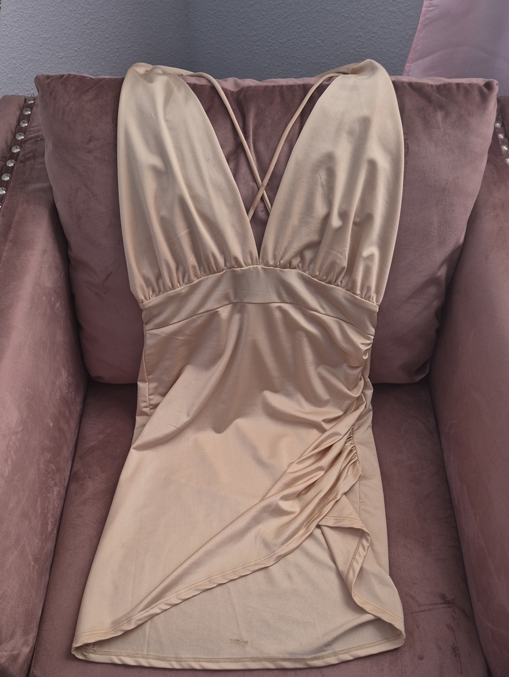 San Joy Champagne Satin V-Neck Ruched Mini Dress